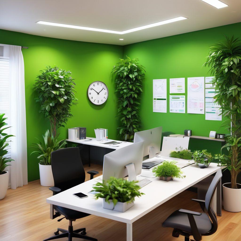 A modern office environment showcasing efficient workflow, featuring dynamic team collaboration around multi-functional printers, papers flowing seamlessly, colorful charts and graphs on screens, and a clock symbolizing time management. Include elements like green plants for freshness and bright lighting for inspiration. super-realistic. vibrant colors. 3D.