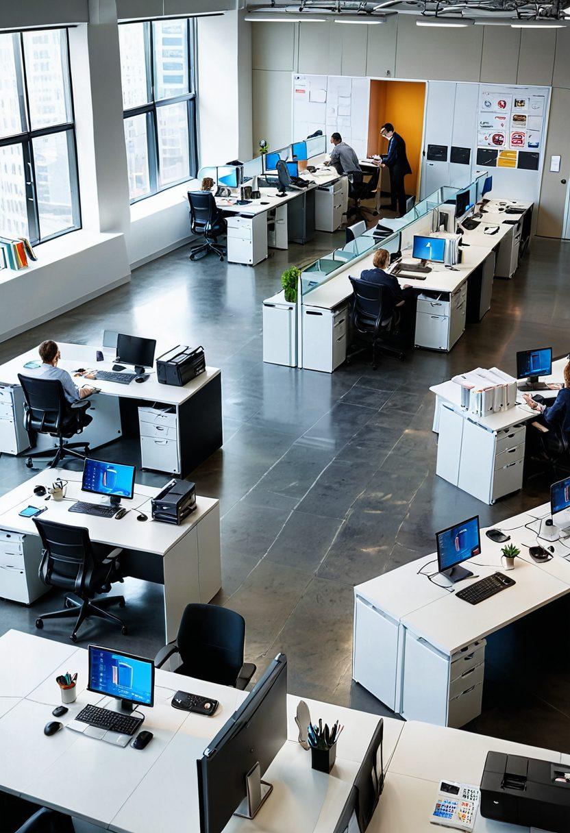 A modern office environment showcasing Ricoh's cutting-edge printers in action, surrounded by professionals seamlessly collaborating, with vibrant printouts and digital screens highlighting efficiency. Include a backdrop of organized workspaces and innovative technology, emphasizing a dynamic workflow. super-realistic. vibrant colors. 3D.