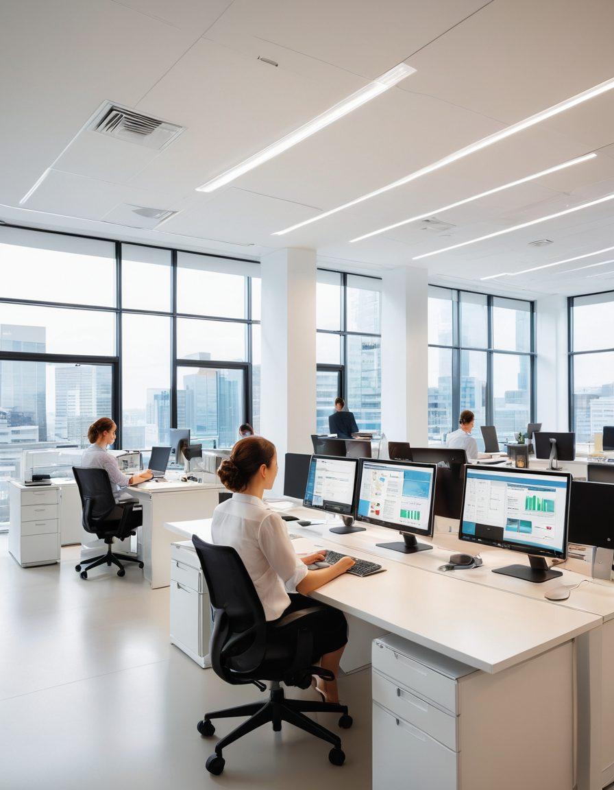 A sleek modern office setting with a diverse group of professionals collaborating over documents and technology. In the foreground, showcase Ricoh's advanced document management solutions displayed on devices, emphasizing efficiency and organization. Include elements like digital screens showcasing data flow and cloud integration. The background features a serene yet dynamic workspace with vibrant colors. super-realistic. vibrant colors. white background.